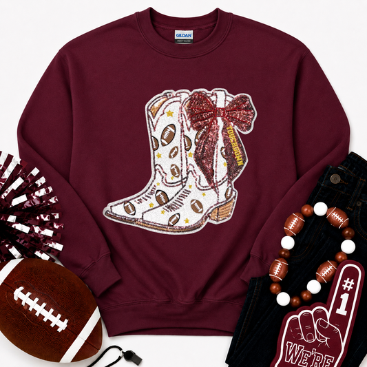Football Touchdown Maroon Bow Boot Sequin Sweatshirt