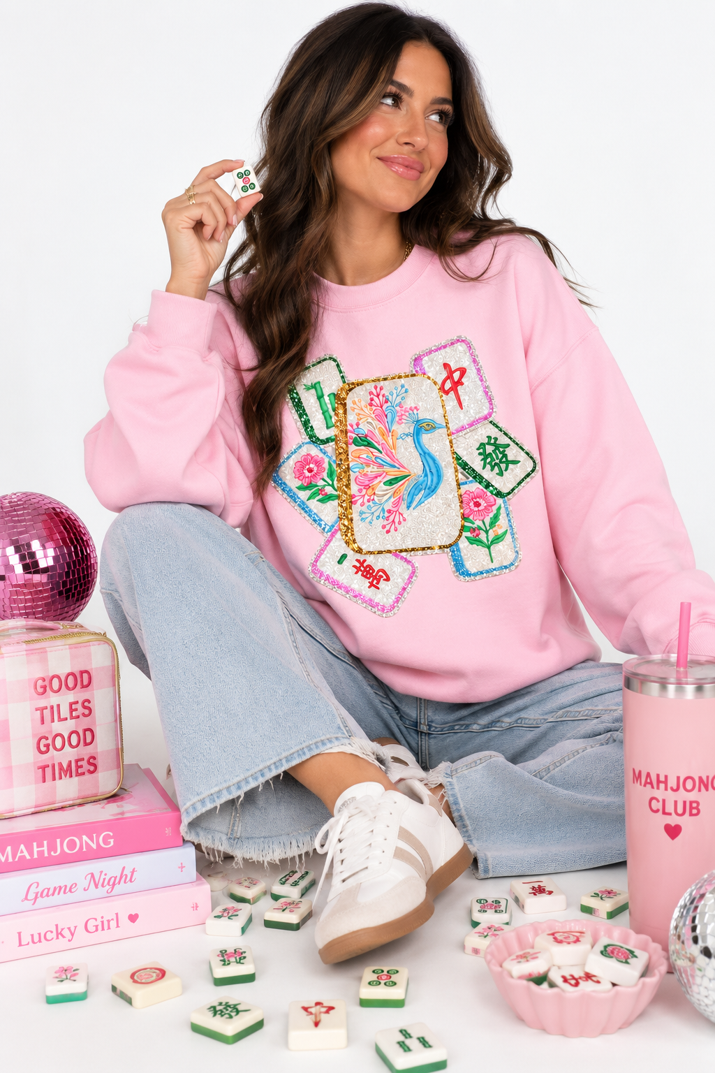 Mahjong Bird Game Tiles Sequin Patch Sweatshirt