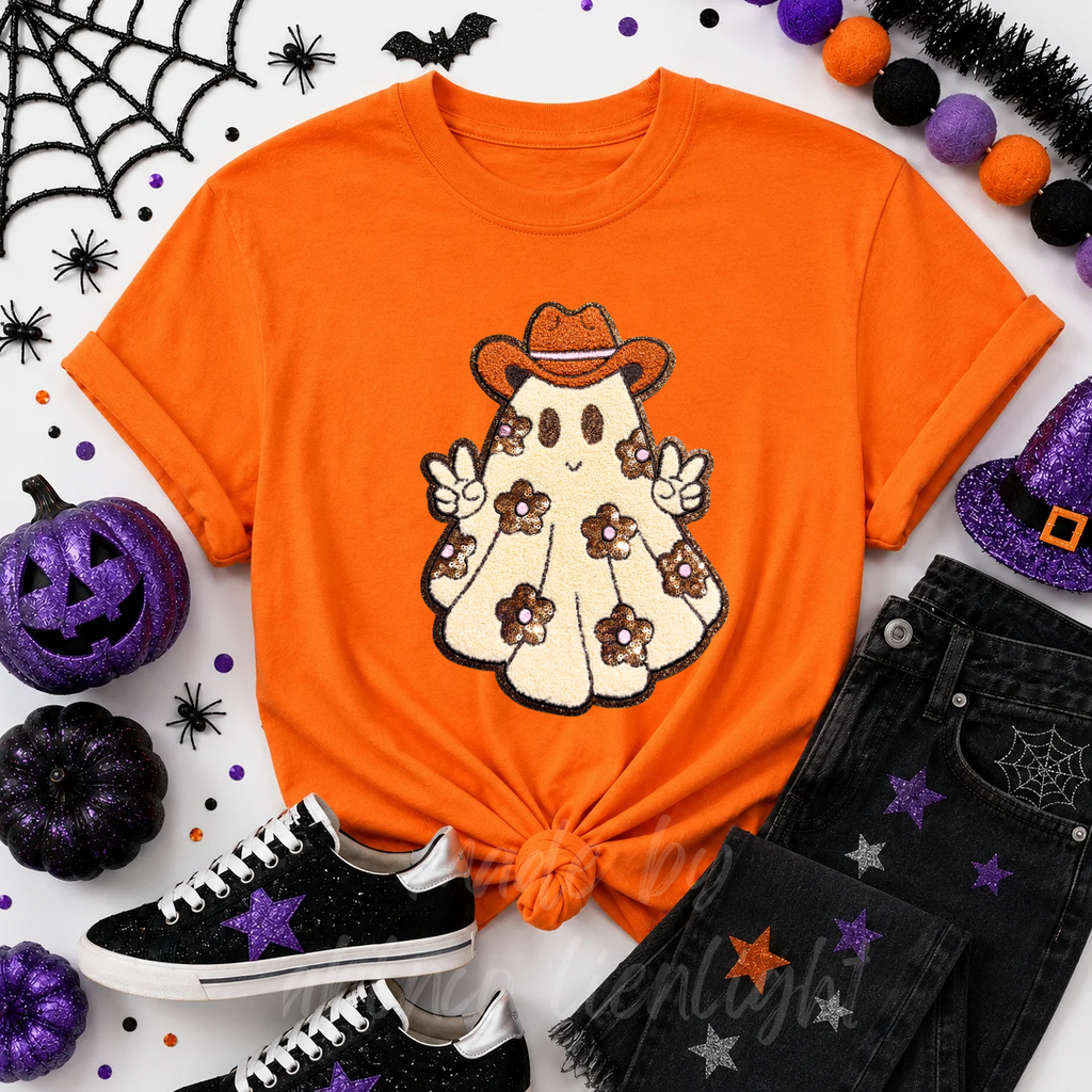 Floral Ghost Halloween Sequin Patch Tshirt