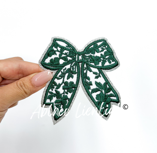 Dark Green Floral Bow Glitter Embroidery Patch