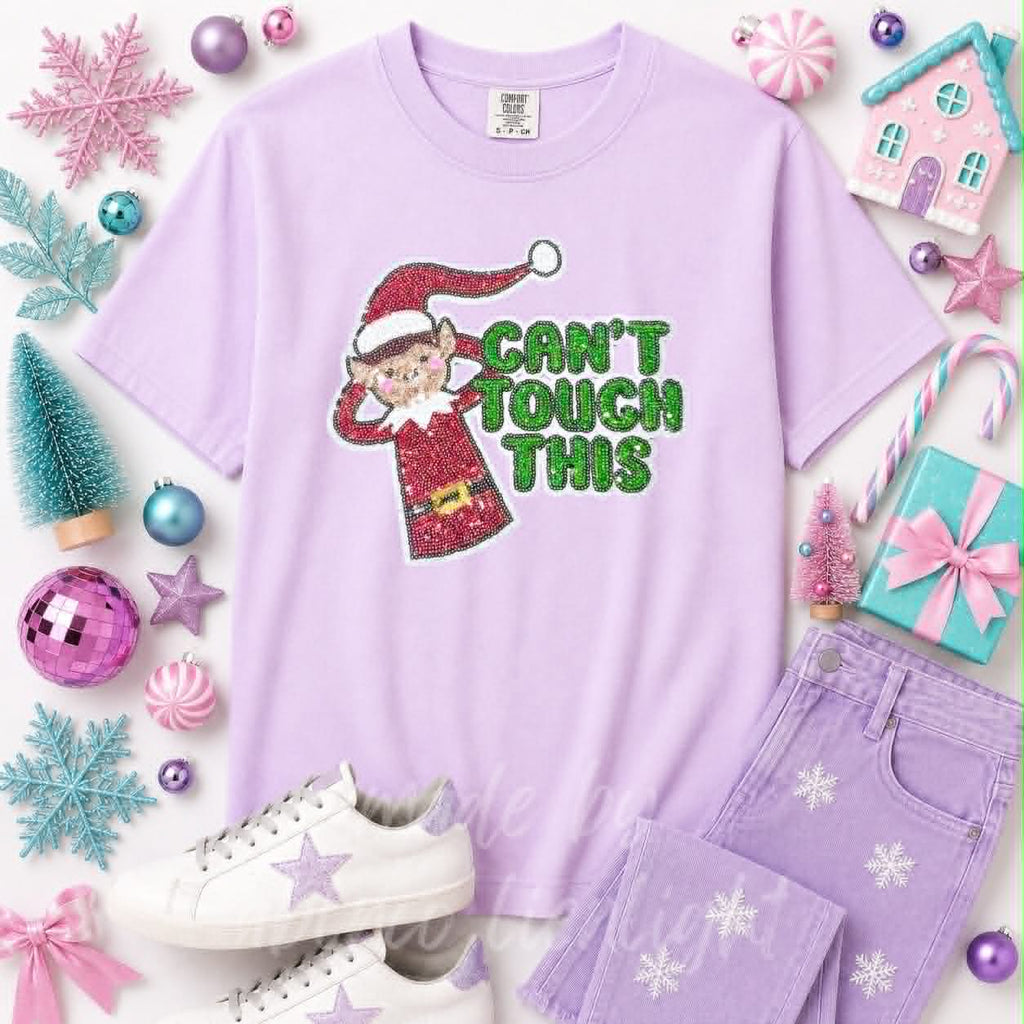 Can't Touch This Elf Christmas Sequin Patch Tshirt