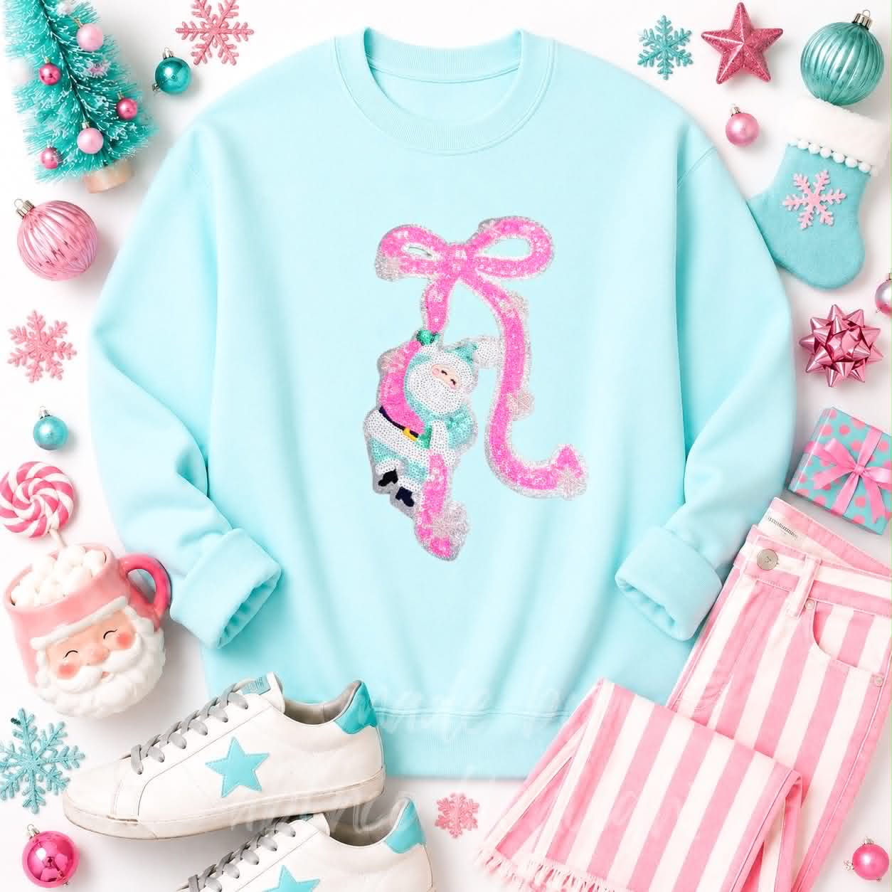 Pink Bow Hanging Santa Christmas Sequin Patch Sweatshirt