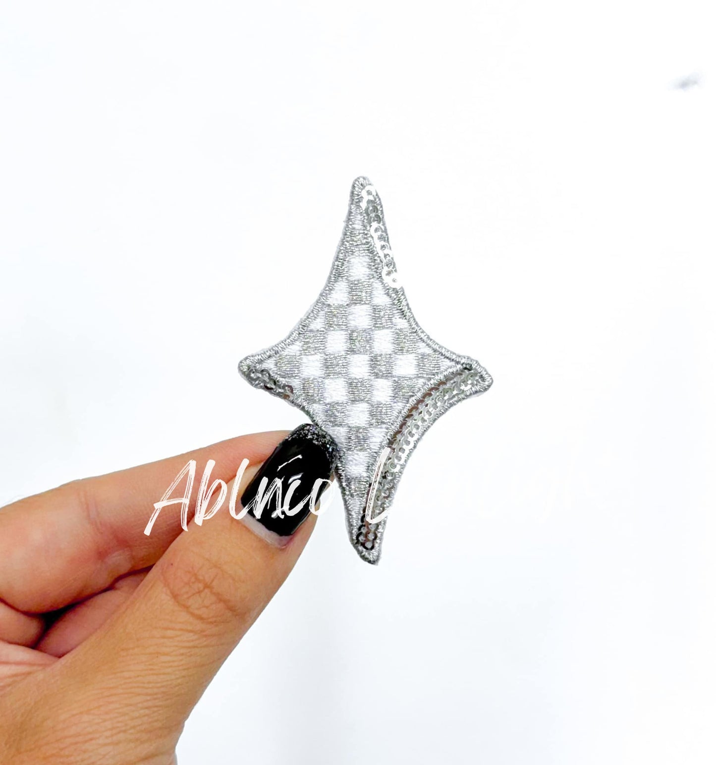 Silver Checkered Diamond Star Embroidery Sequin Patch