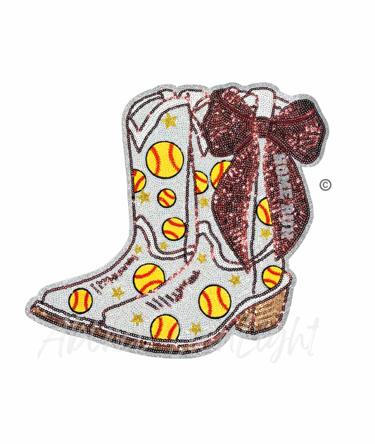Softball Homerun Star Maroon Bow Boots Sequin Patch - Large