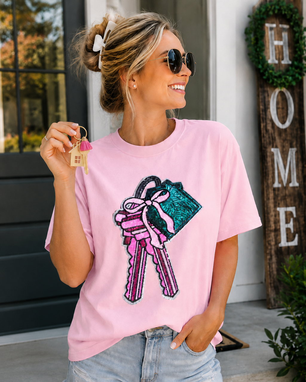 Sweet Home House Keys Sequin Patch Tshirt
