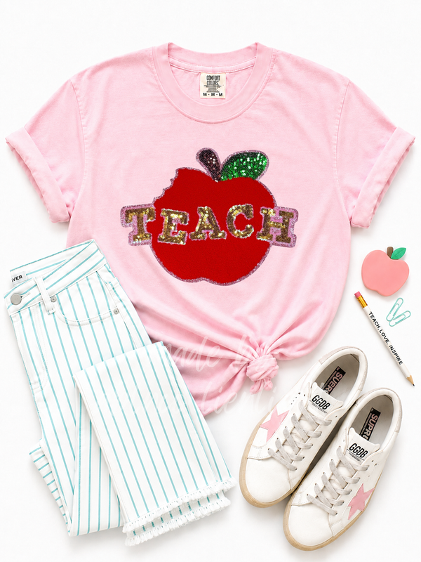 Teach Apple Teacher Chenille Sequin Patch Tshirt