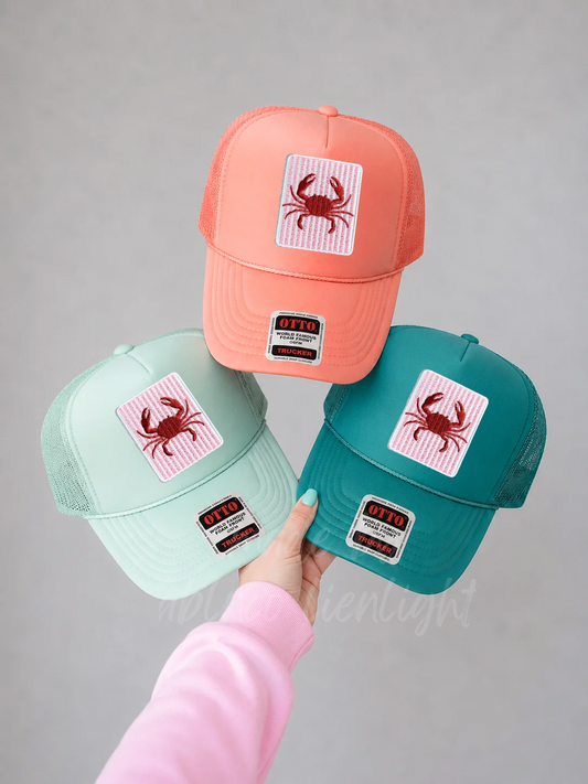 Pink Striped Crab Summer Embroidery Patch Otto Trucker Hat