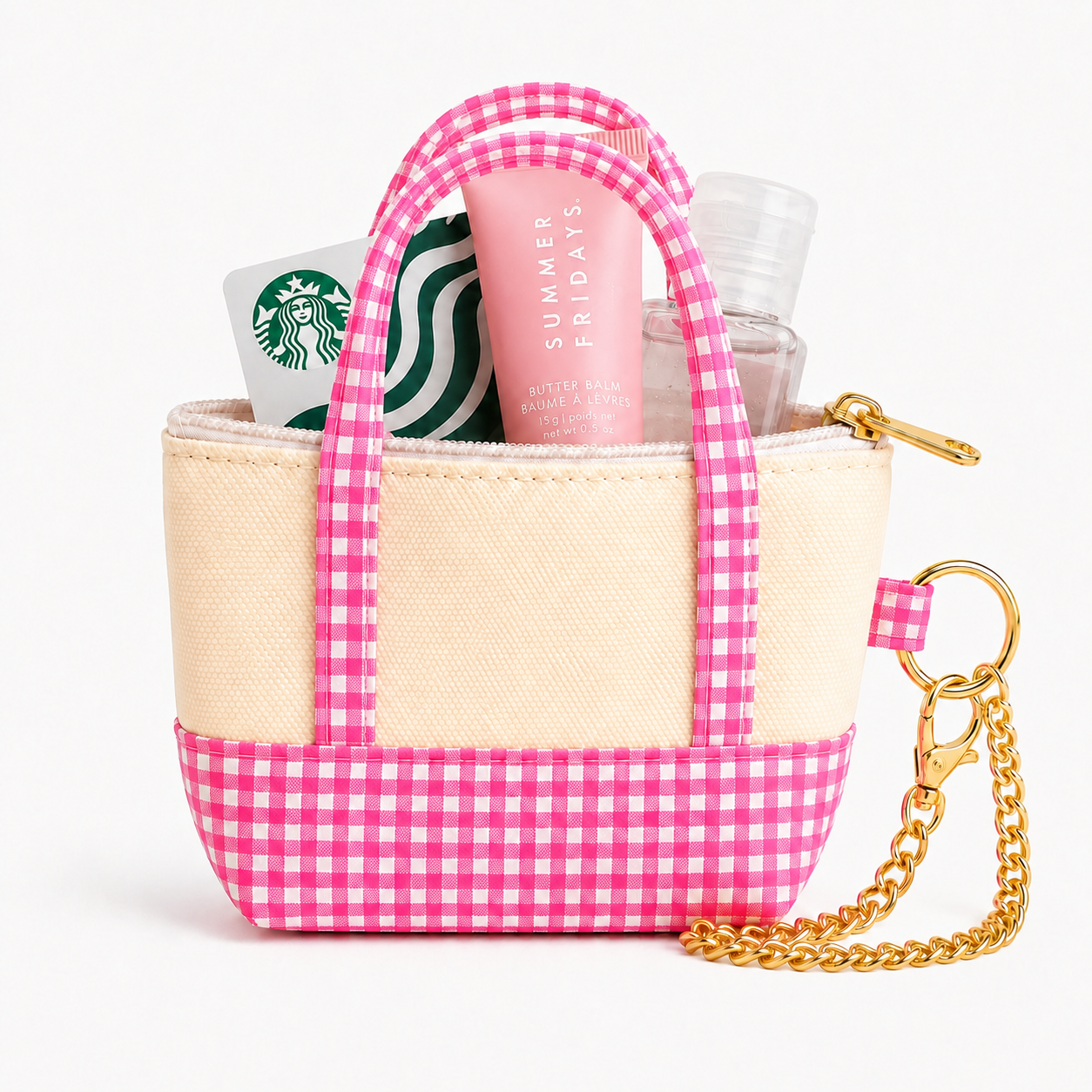 Pink Gingham Mini Tote Bag Keychain | Zippered Purse Charm & Pouch