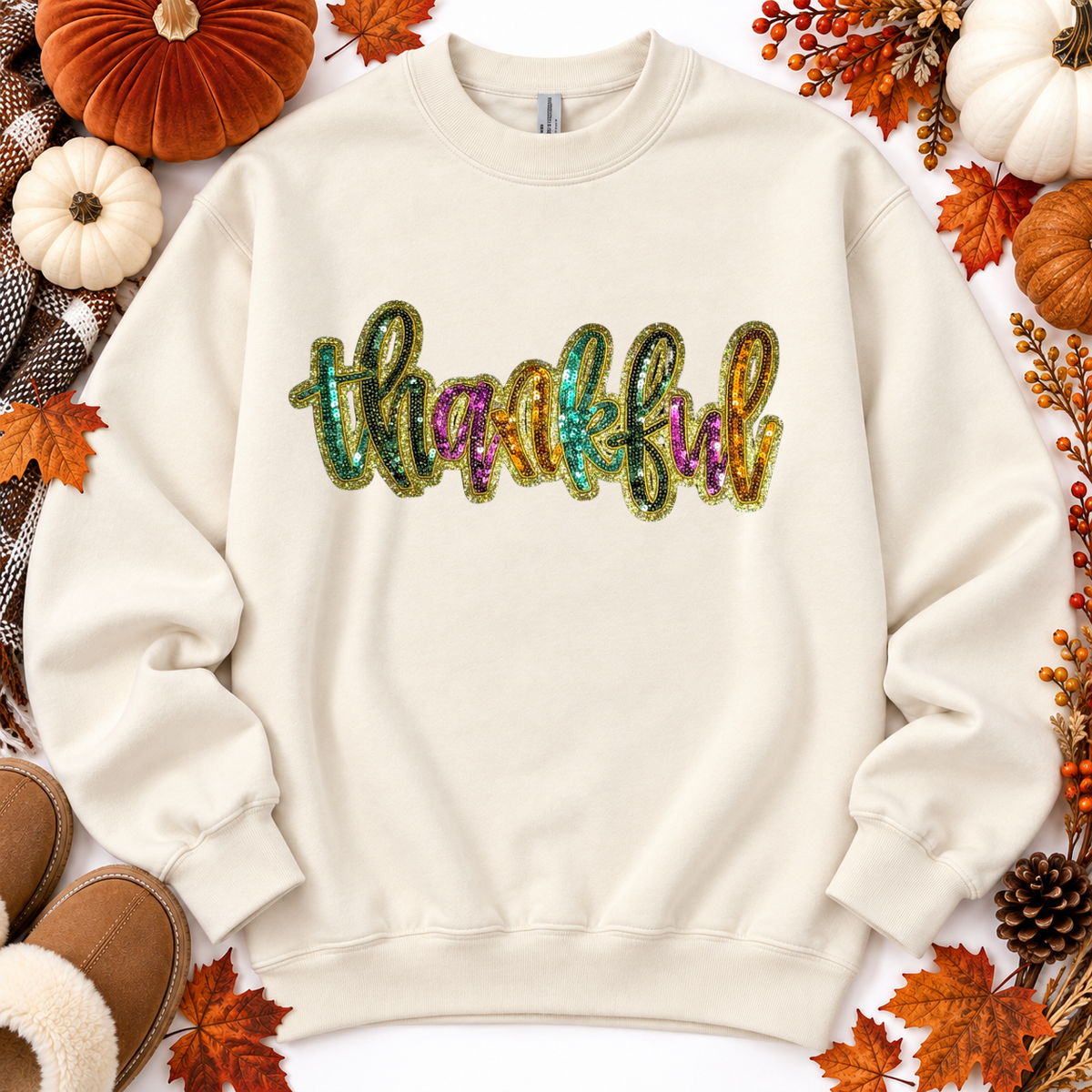 Colorful Thankful Thanksgiving Fall Sequin Patch Full Length Sweatshirt