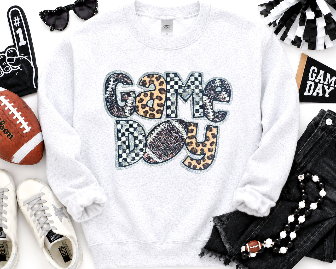Football Game Day Cheetah Checkered Sequin Patch Sweatshirt