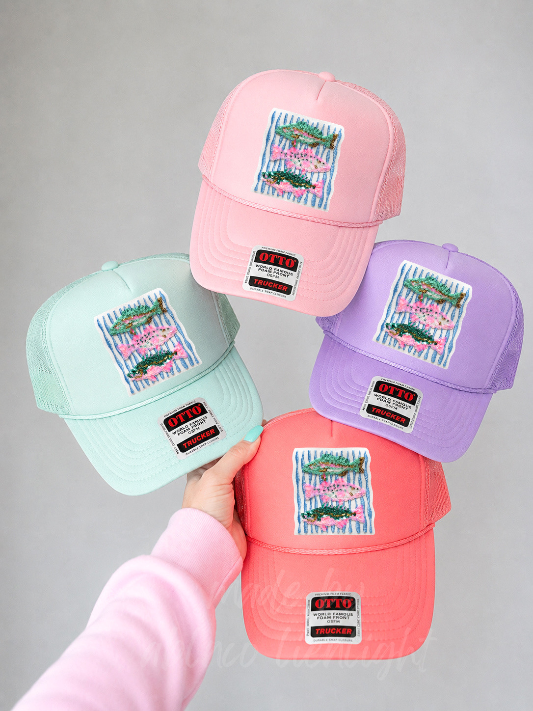 Pink And Teal Fish Trio Summer Sequin Patch Otto Trucker Hat