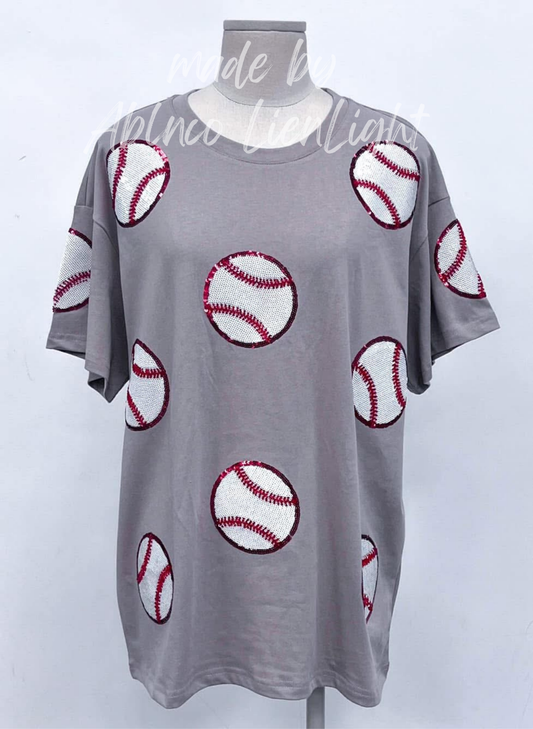 Baseball Beadings Sparkles Sequins Grey Tshirt