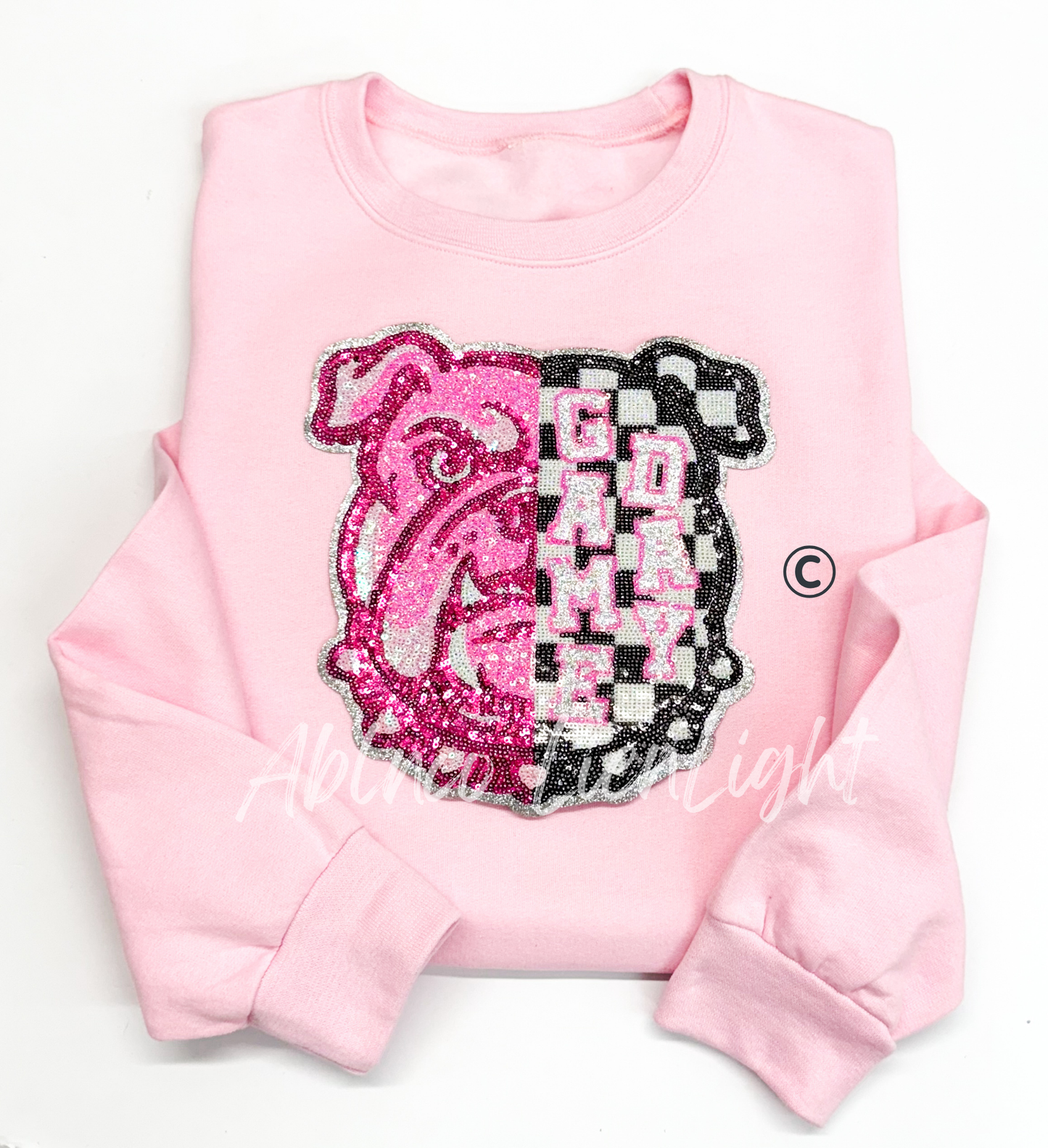 Preppy Pink Checkered Bulldog Mascot Game Day Sequin Patch
