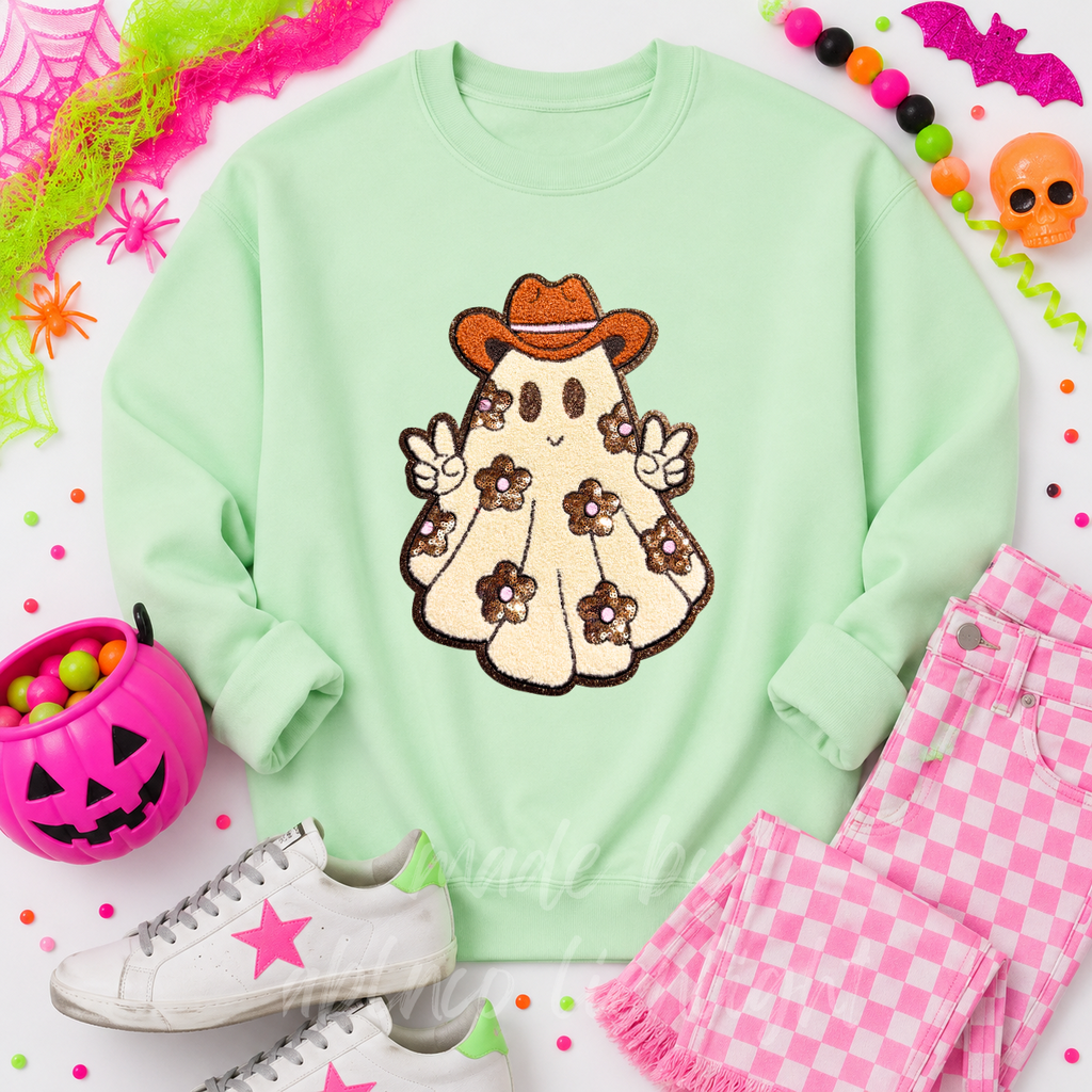 Floral Ghost Halloween Sequin Patch Sweatshirt