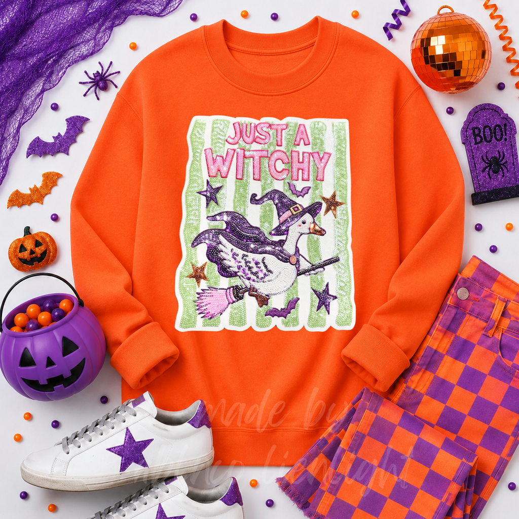 Just A Witchy Goose Halloween Sequin Patch Sweatshirt