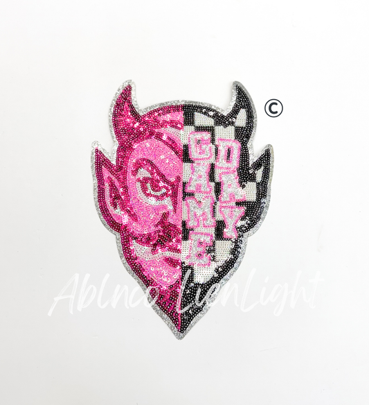 Preppy Pink Checkered Devil Mascot Game Day Sequin Patch