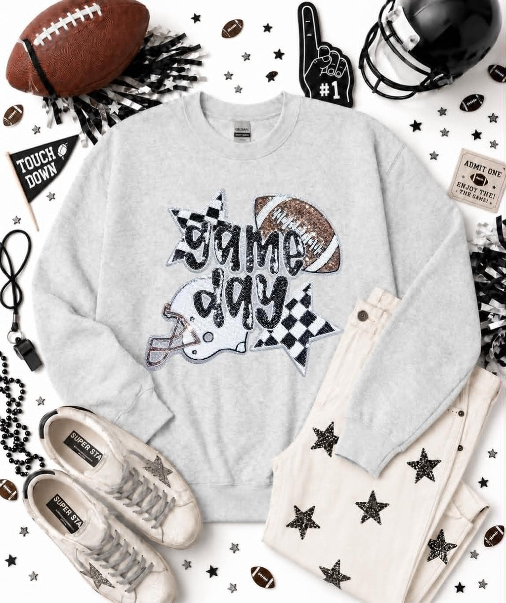 Black Game Day Checkered Football Sequin Patch Sweatshirt