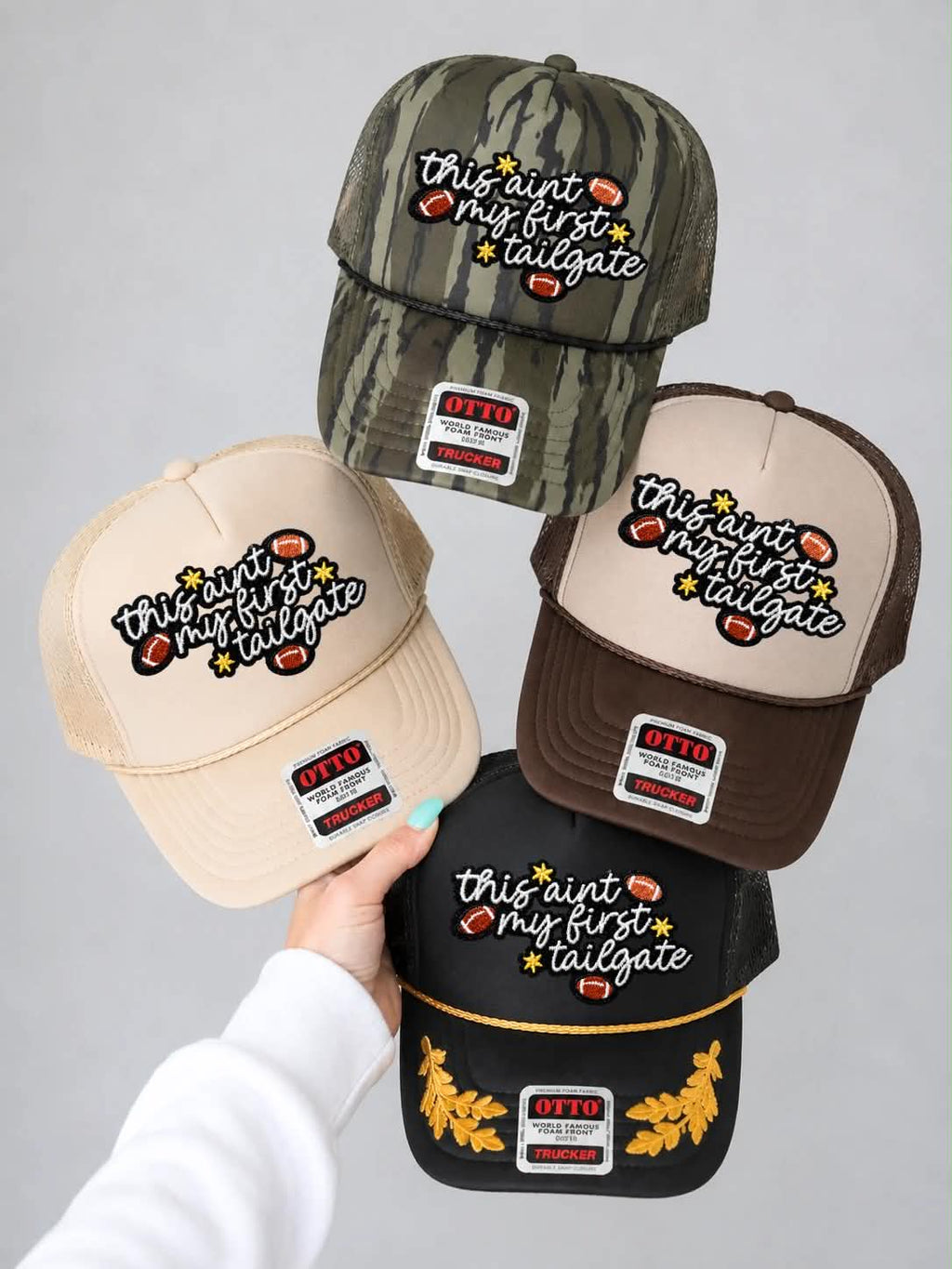 This Ain't My First Tailgate Football Sequin Patch Otto Trucker Hat