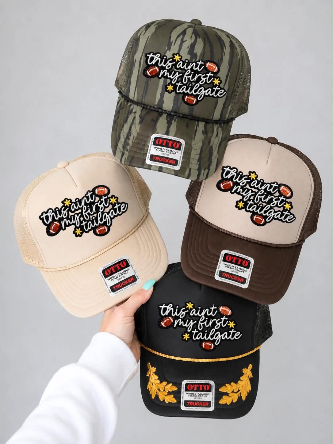 This Ain't My First Tailgate Football Sequin Patch Otto Trucker Hat