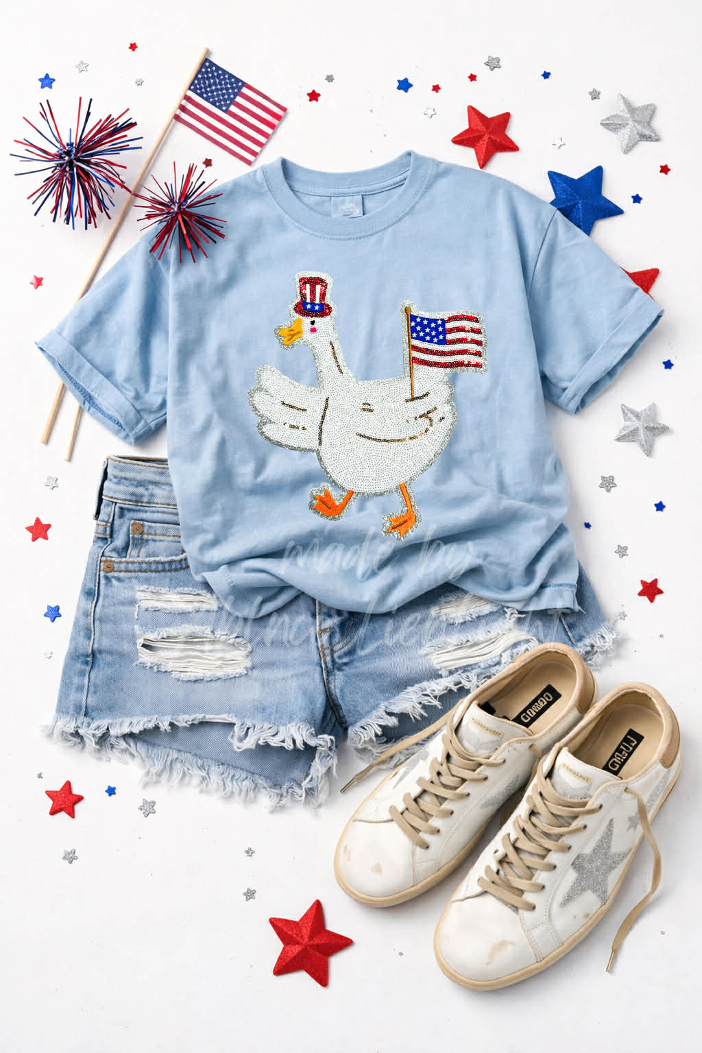 4th of July Goose Sequin Patch Tshirt