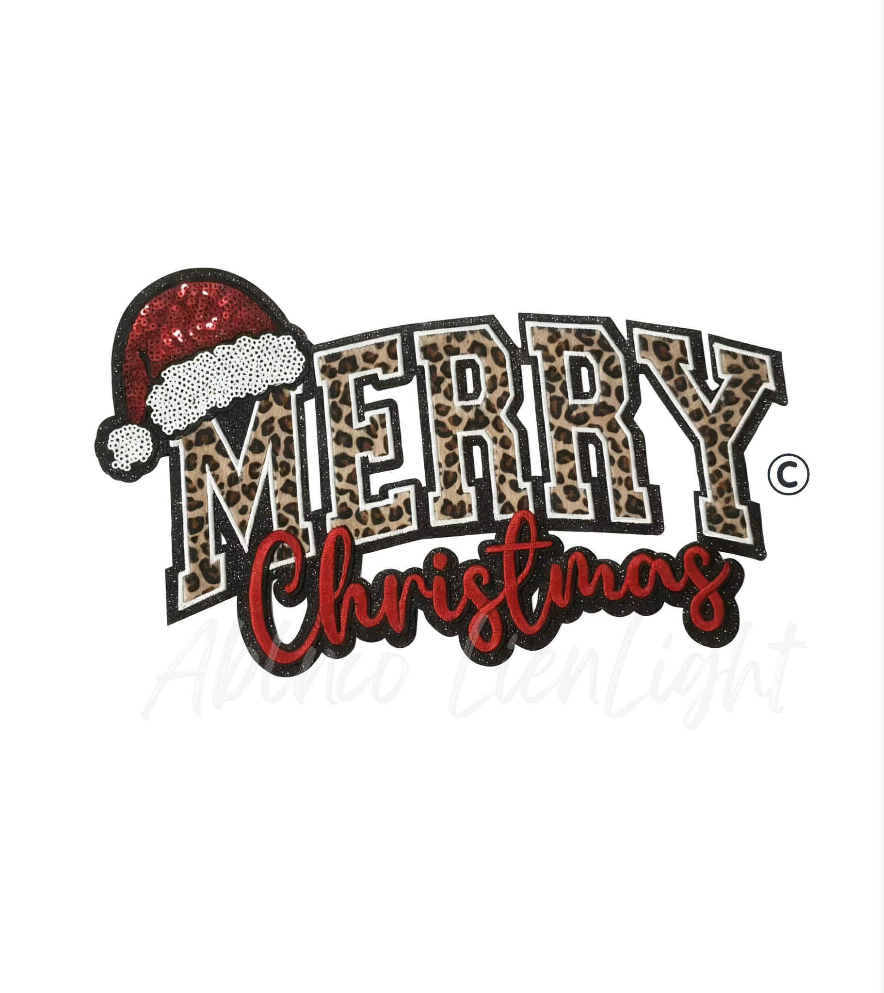Merry Christmas Cheetah Print Sequin Patch - Large