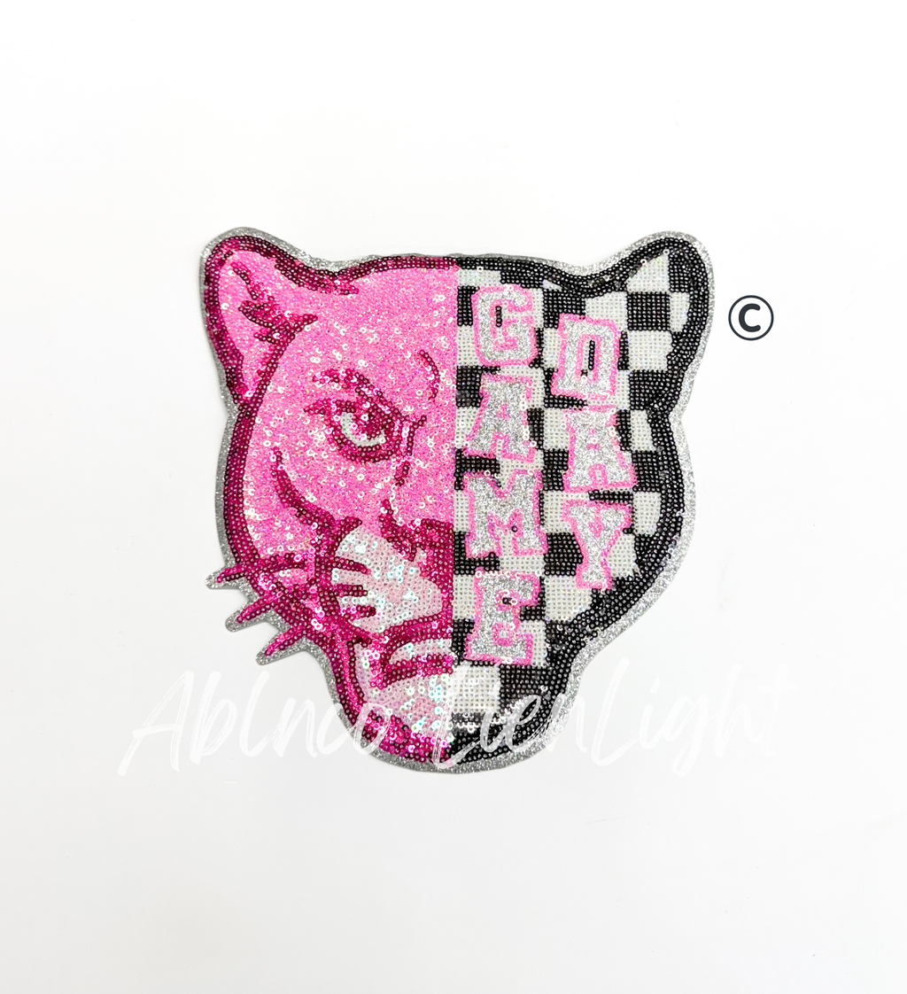 Cougar Panther Mascot Pink Checkered Sequin Patch - Large