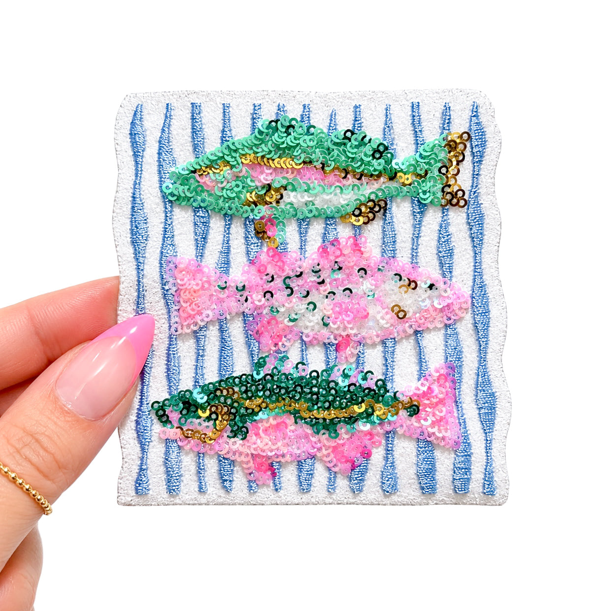 Pink and Teal Fish Trio Summer Sequin Embroidery Patch - Small