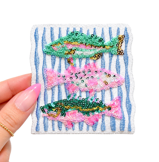 Pink and Teal Fish Trio Summer Sequin Embroidery Patch - Small