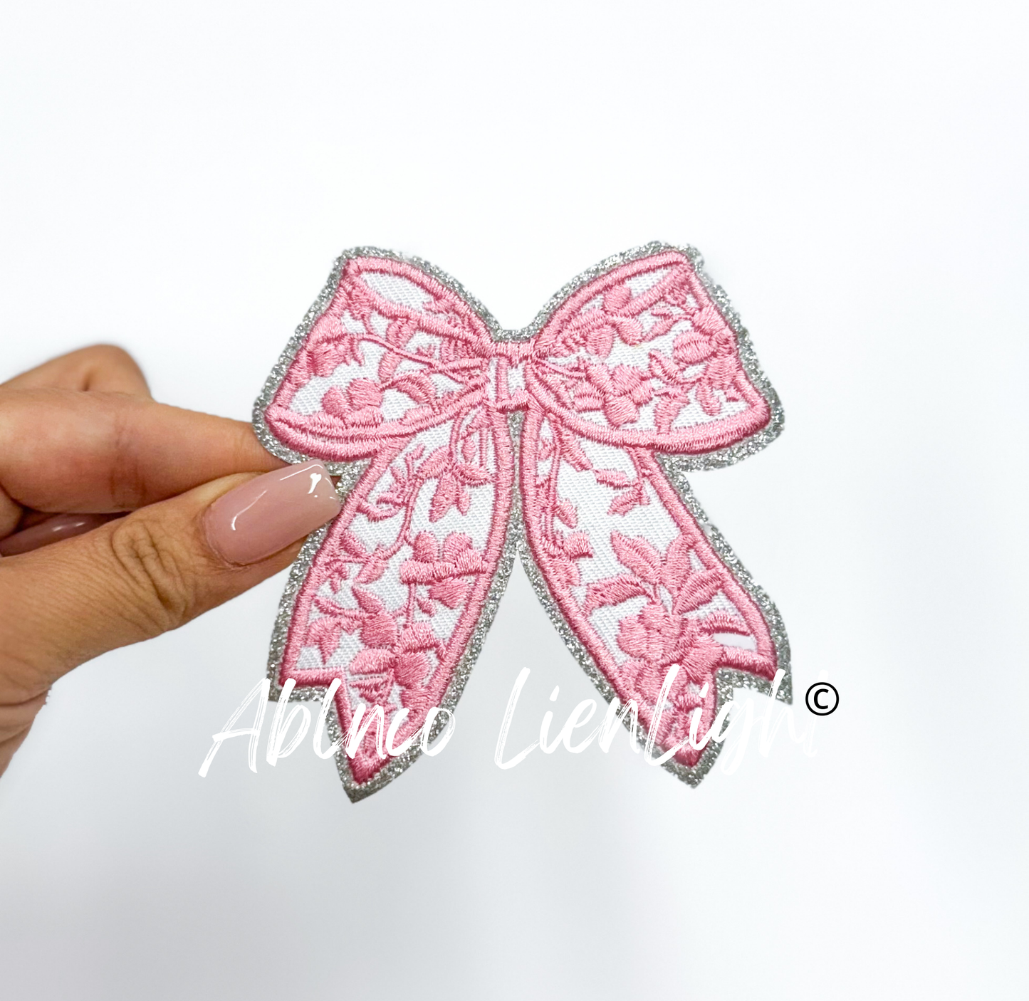 Pink Floral Bow Glitter Embroidery Patch