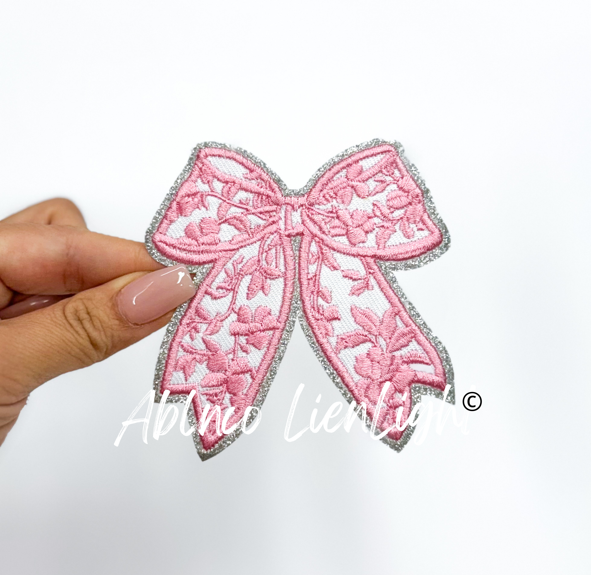 Pink Floral Bow Glitter Embroidery Patch