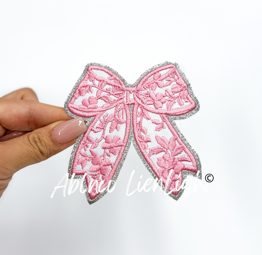 Pink Floral Bow Glitter Embroidery Patch