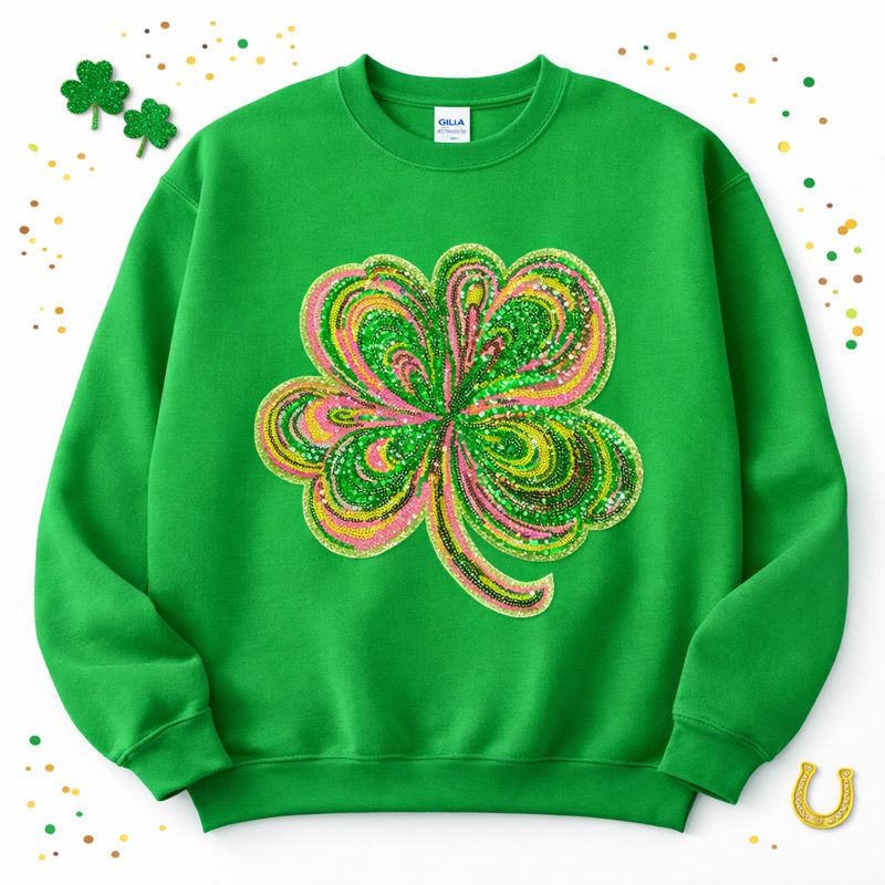 Colorful Ombre Clover St Patricks Day Sequin Chenille Patch Sweatshirt