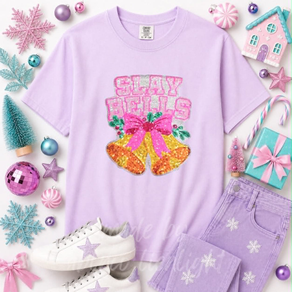 Slay Bells Christmas Sequin Patch Tshirt