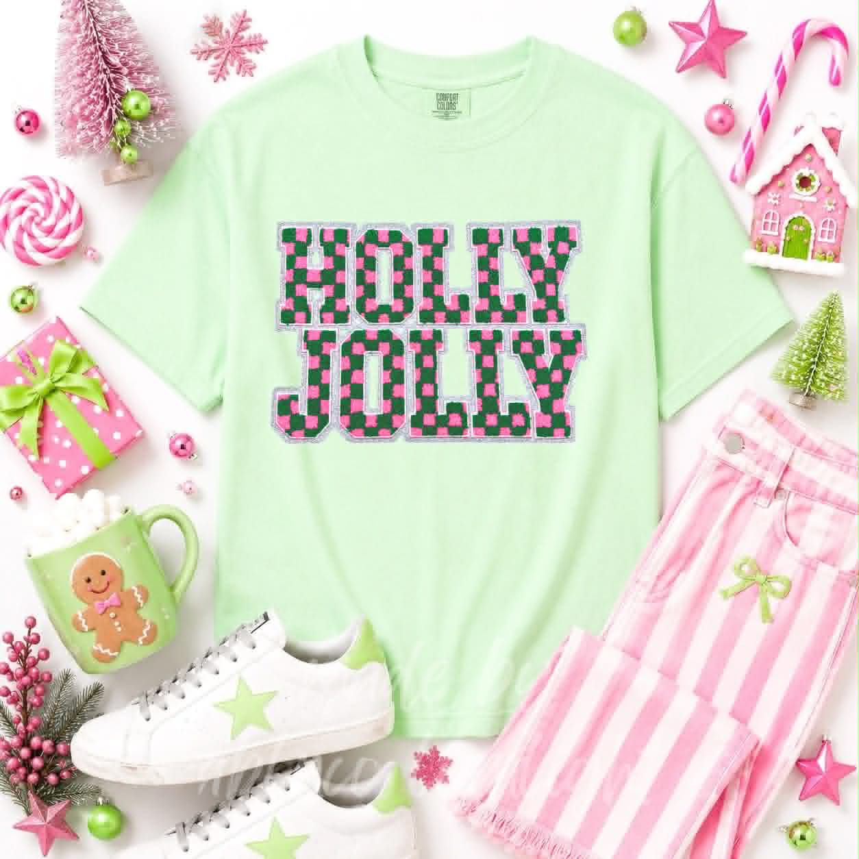 Checkered Holly Jolly Christmas Sequin Patch Tshirt