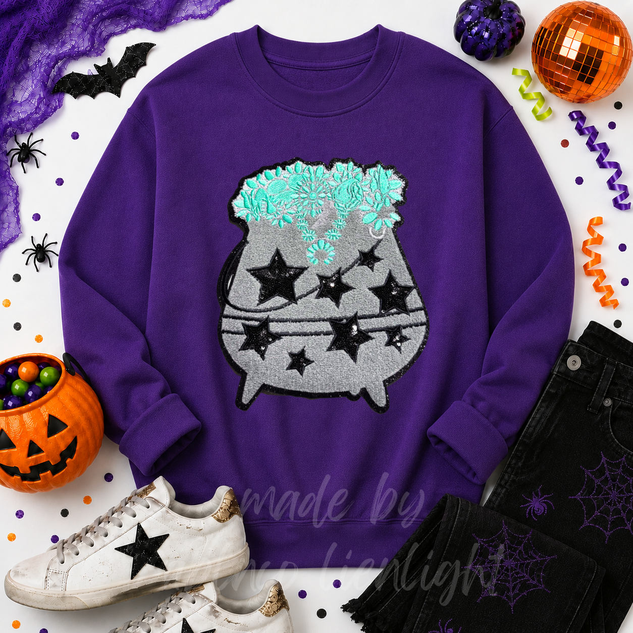 Turquoise Cauldron Halloween Sequin Patch Sweatshirt