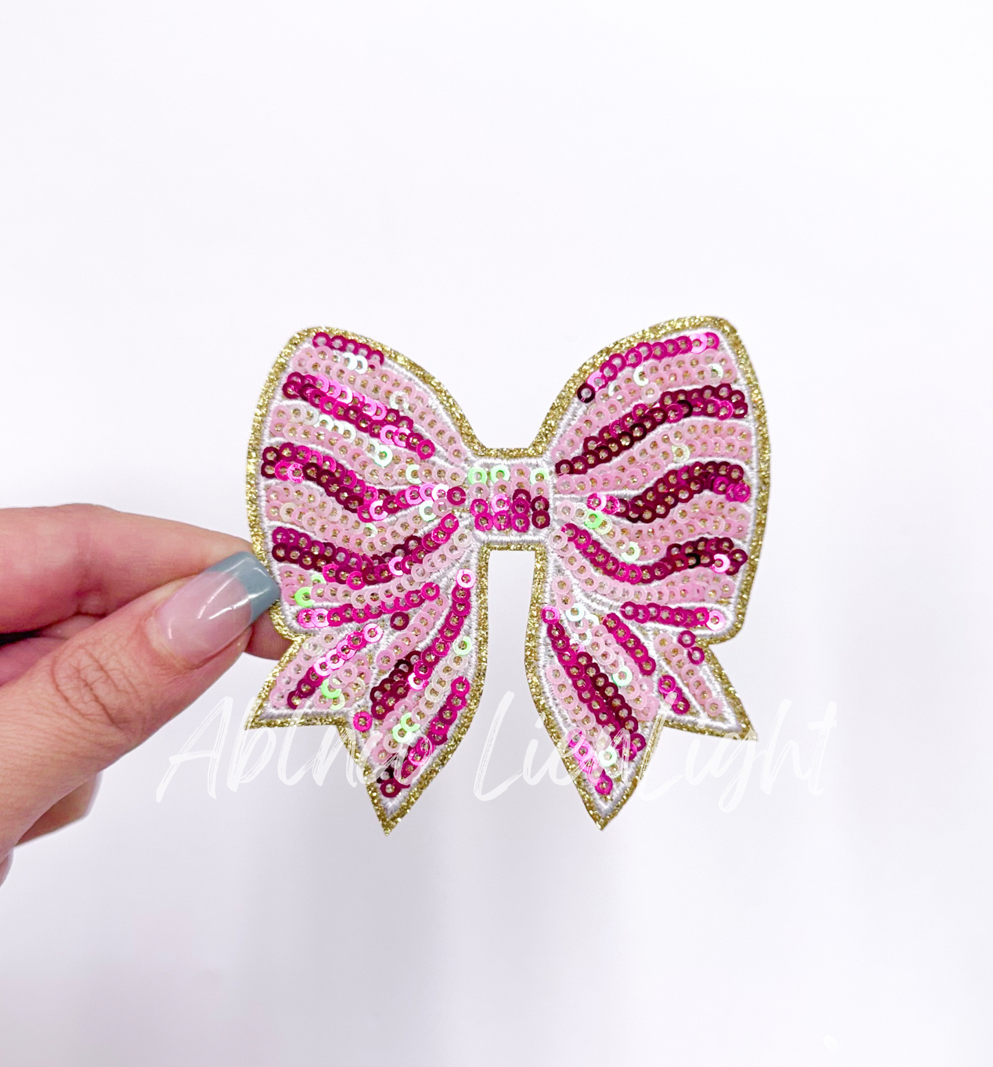 Pink Stripe Bow©️ Valentines Small Sequins Glitter Patch