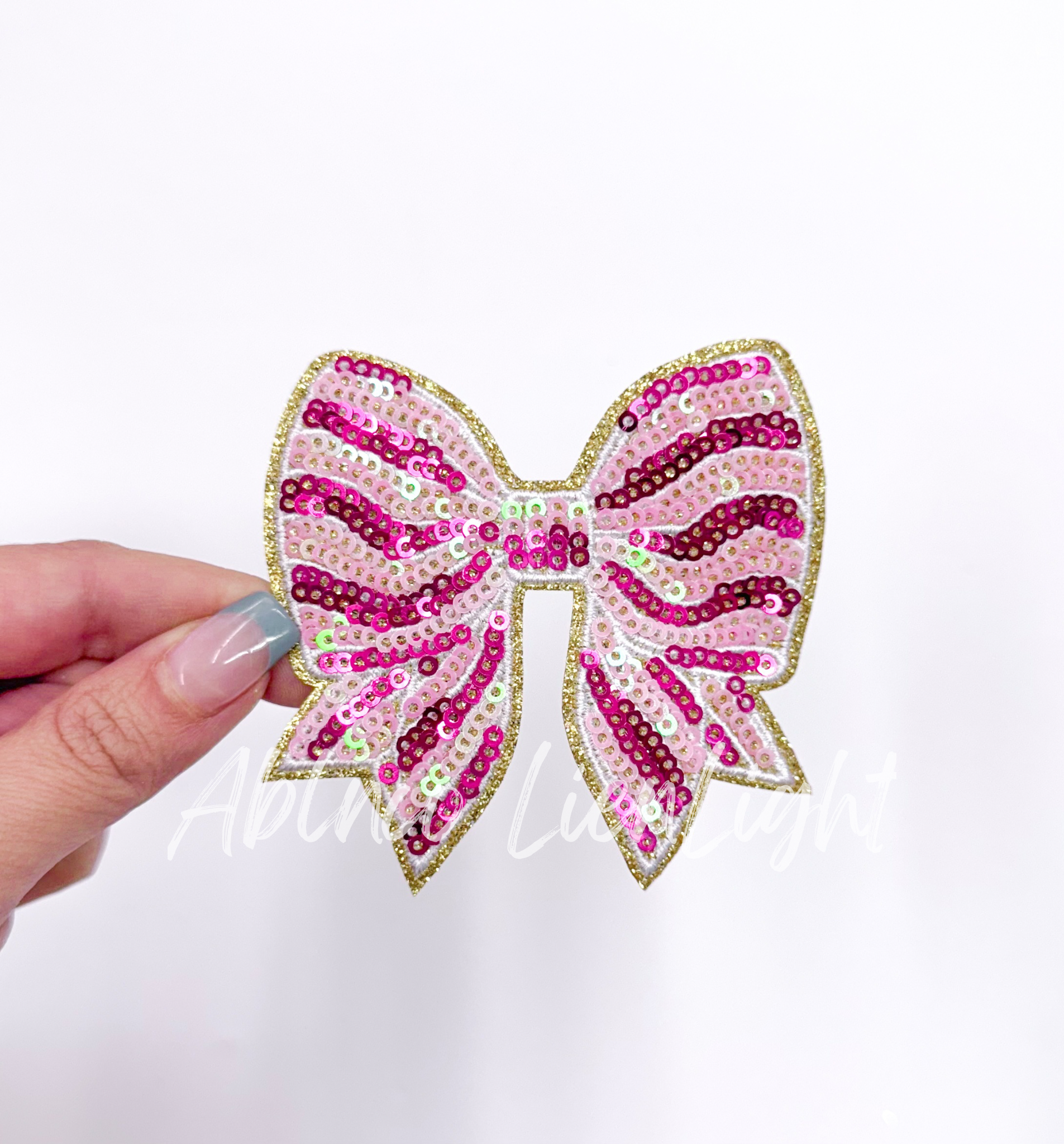 Pink Stripe Bow Christmas Sequin Patch - Small