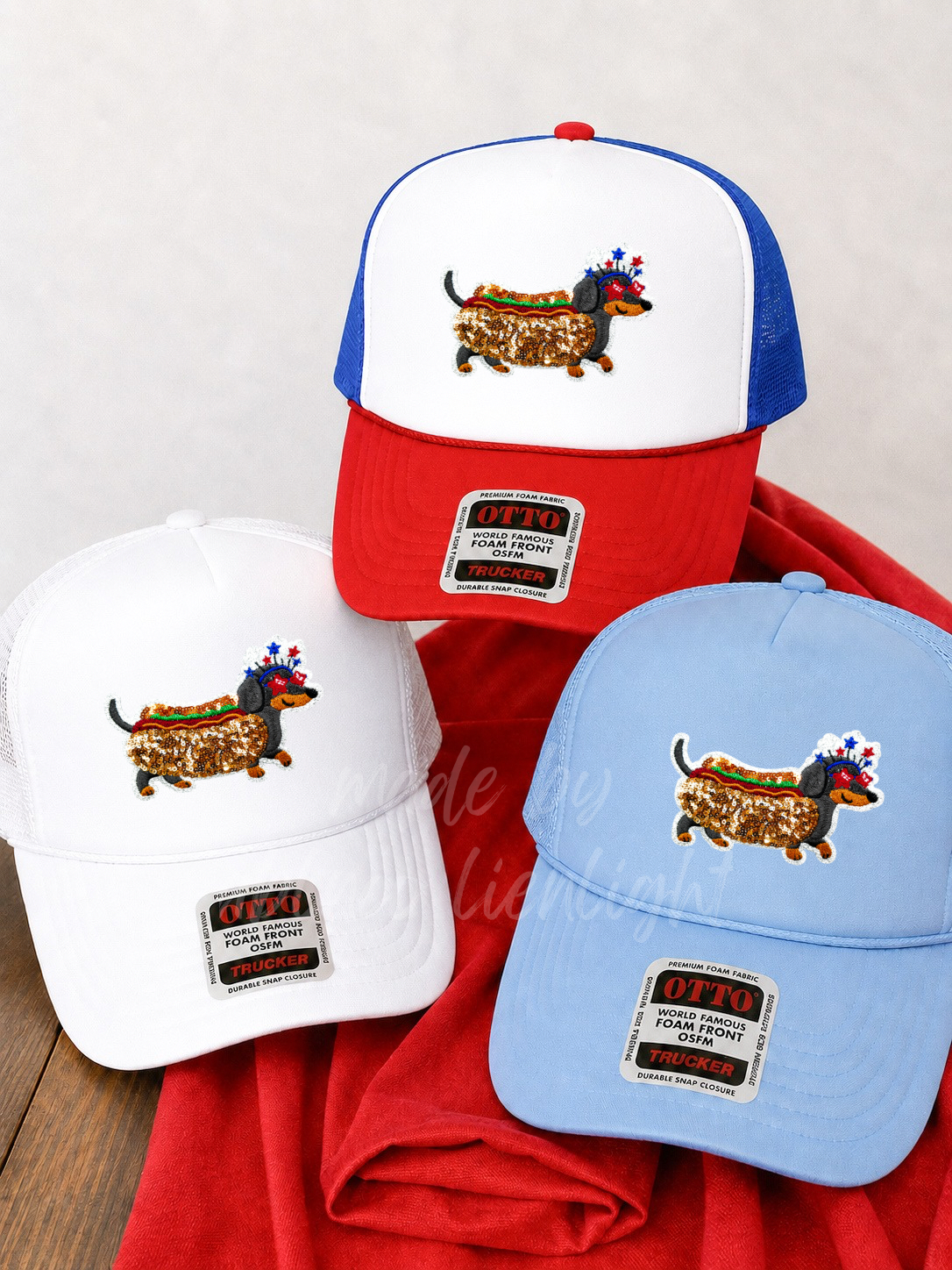 Sequin Weiner Dog 4th July Otto Trucker Hat