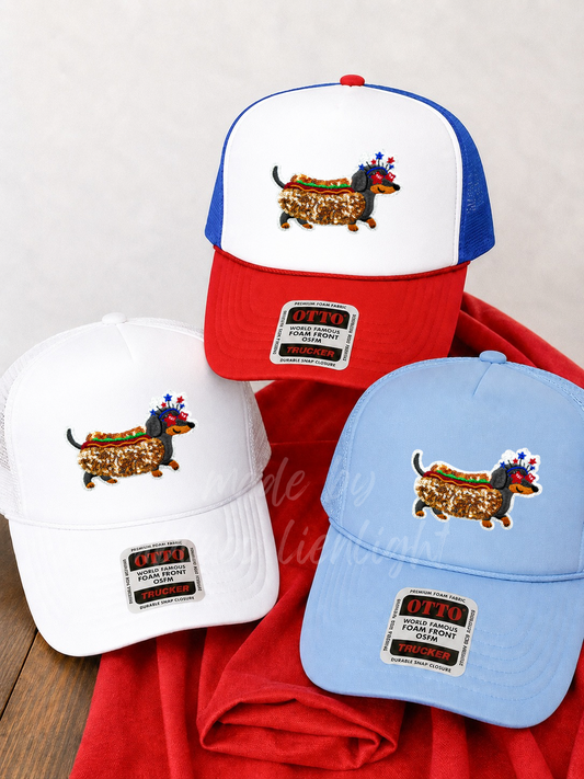 Sequin Weiner Dog 4th July Otto Trucker Hat
