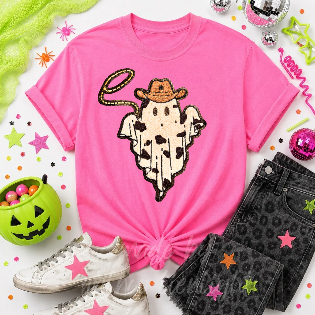 Cowboy Rope Ghost Halloween Sequin Patch Tshirt