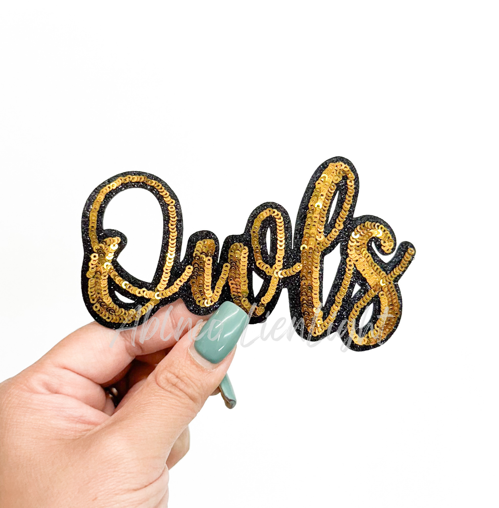 Owls Mascot Gold Script Sequin Patch - Small