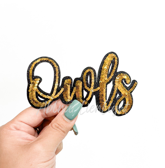 Gold Owls Mascot Script Letter Sequin Patch - Small