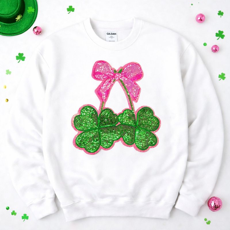 Pink Clover Bow St Patricks Day Sequin Patch Sweatshirt