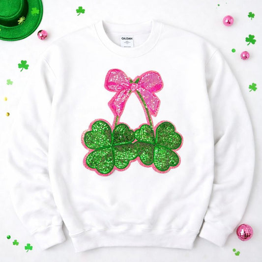 Pink Clover Bow St Patricks Day Sequins Patch Sweatshirt