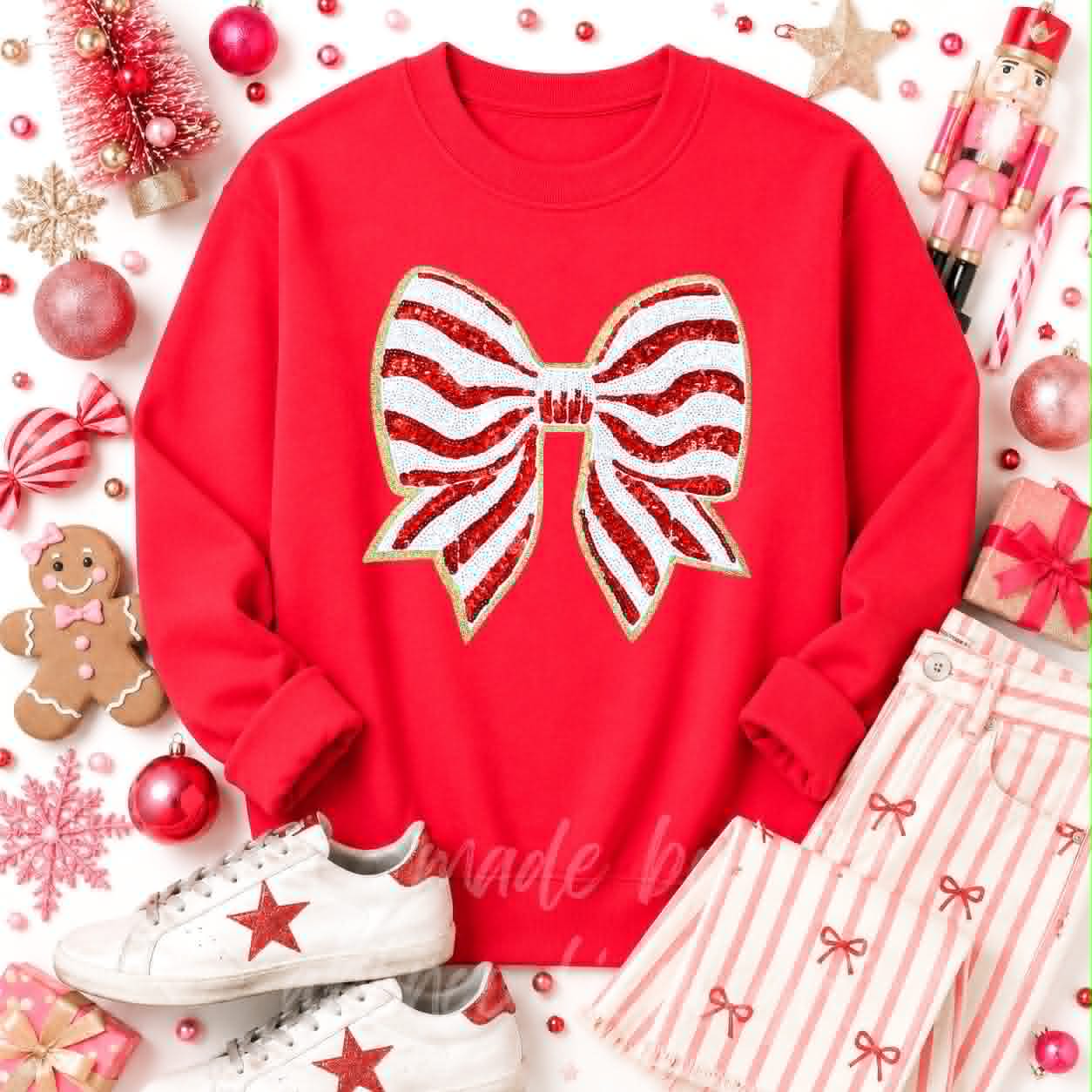 Red Stripe Bow Christmas Sequin Patch Sweatshirt