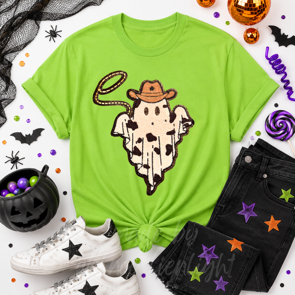 Cowboy Rope Ghost Halloween Sequin Patch Tshirt
