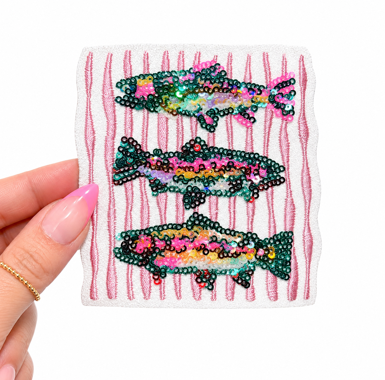 Rainbow Trout Fish Trio Summer Sequin Embroidery Patch - Small