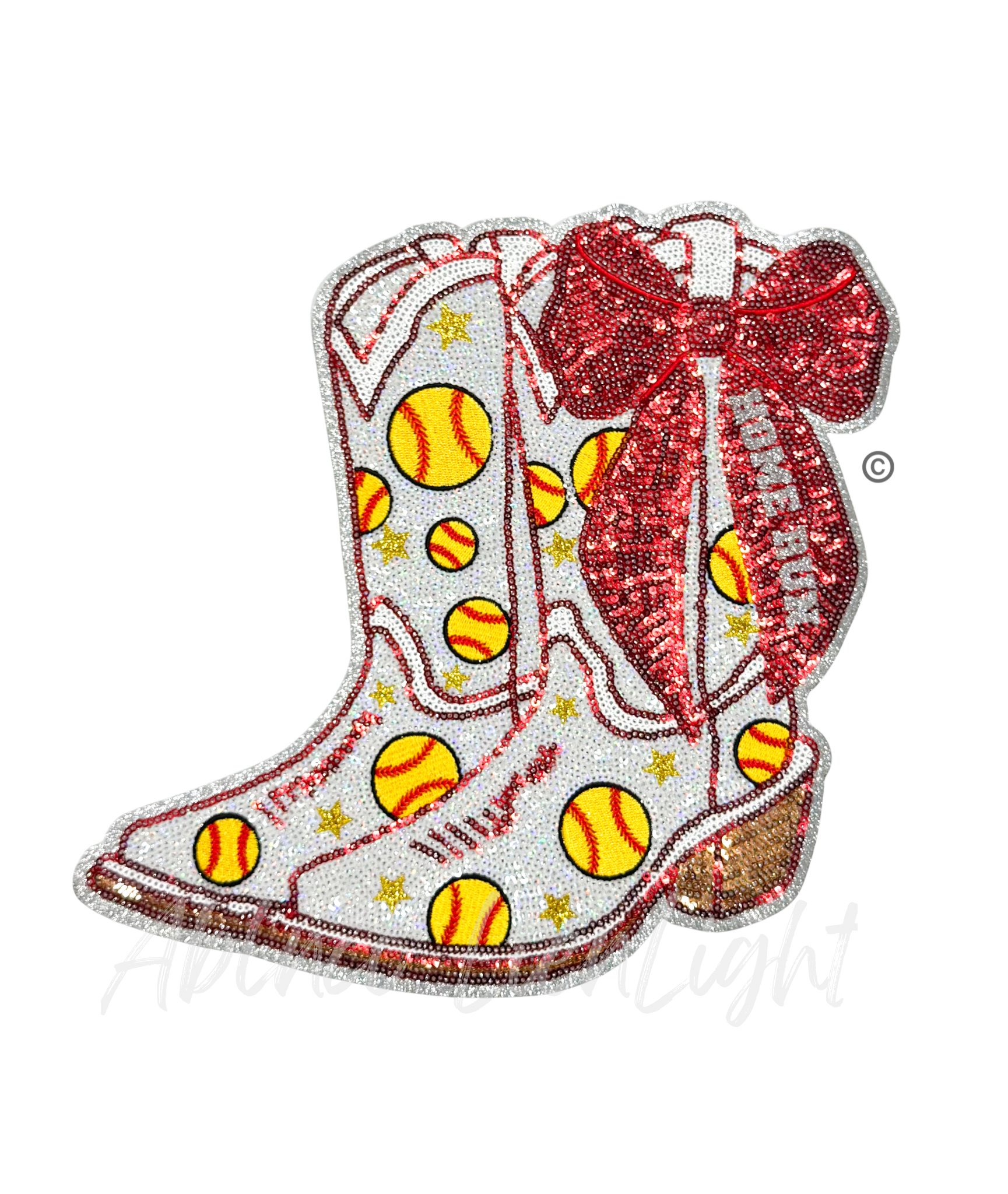Softball Homerun Red Bow Boots Sequin Patch - Large