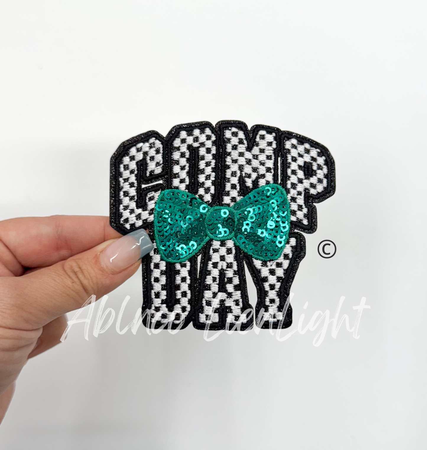 Checkered Comp Day Sequins Teal Bow Embroidery Patch ©️