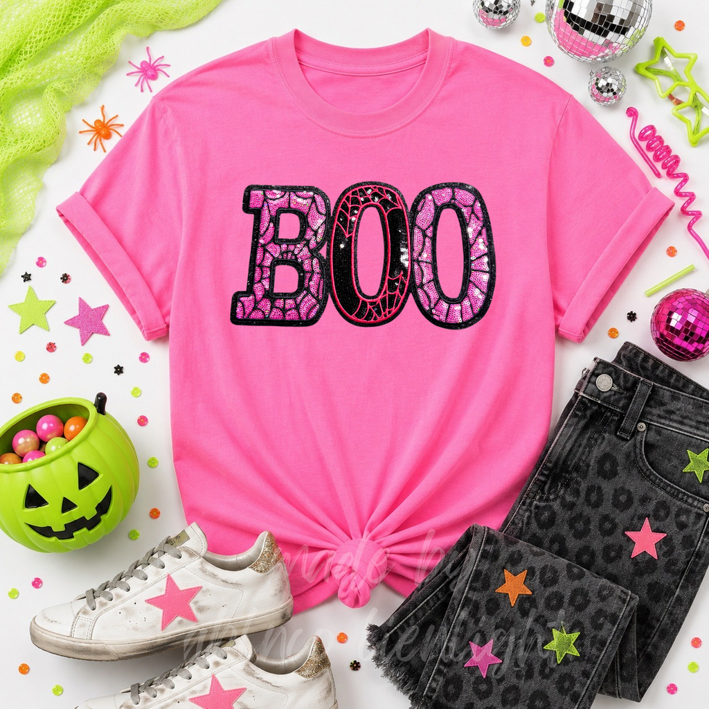 Pink Spider Web Boo Halloween Sequin Patch Tshirt